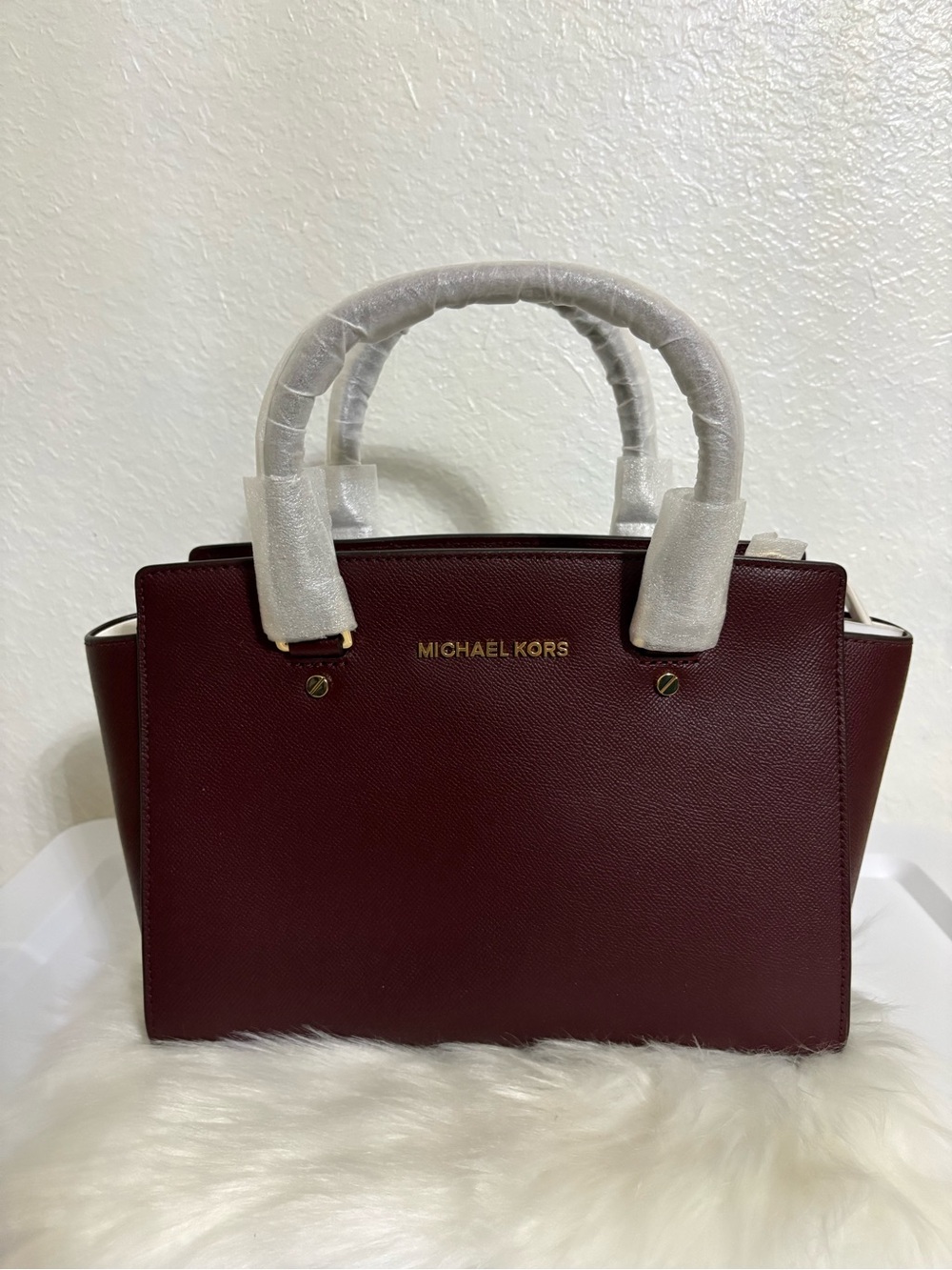Michael Kors Wine Leather Satchel with Gold Hardware